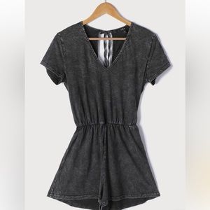 Lulus Casual Cutie Washed Black Short Sleeve Romper Size L